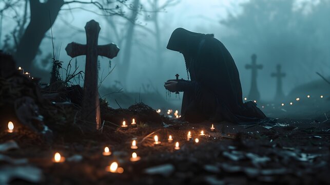 Solemn Remembrance: A Cloaked Figure Kneeling by a Tombstone at Dusk