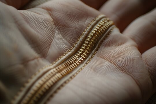 Intricate Details: Close-Up of a Golden Zipper Partially Opened