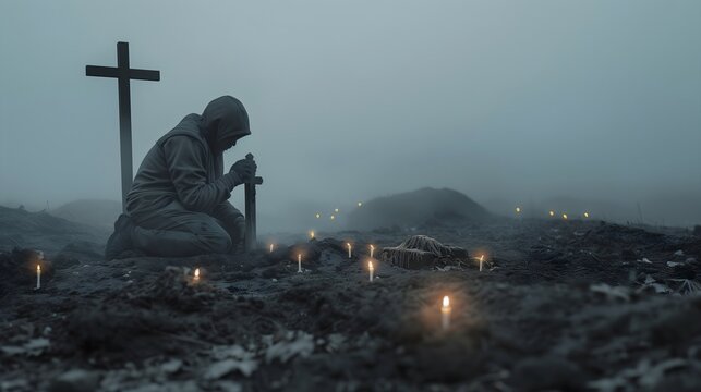 Mourning Warrior: A Solemn Vigil at a Grave in the Mist