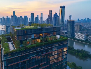 Eco-friendly building with rooftop garden against city skyline during sunset.