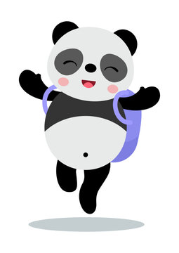 Happy panda student with backpack on his back