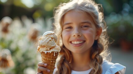 Girl holding an ice cream cone facing the camera outdoors