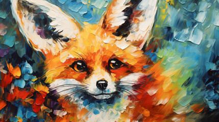 Oil fox portrait painting in multicolored tones. Conce