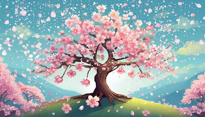 緑の丘の上に咲く、満開の桜
