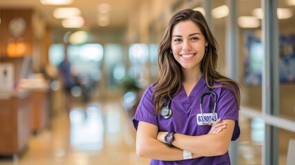 Female nurse in scrubs smiling with arms crossed, portrait of a beautiful young woman doctor wearing a purple uniform and stethoscope working on a hospital background.