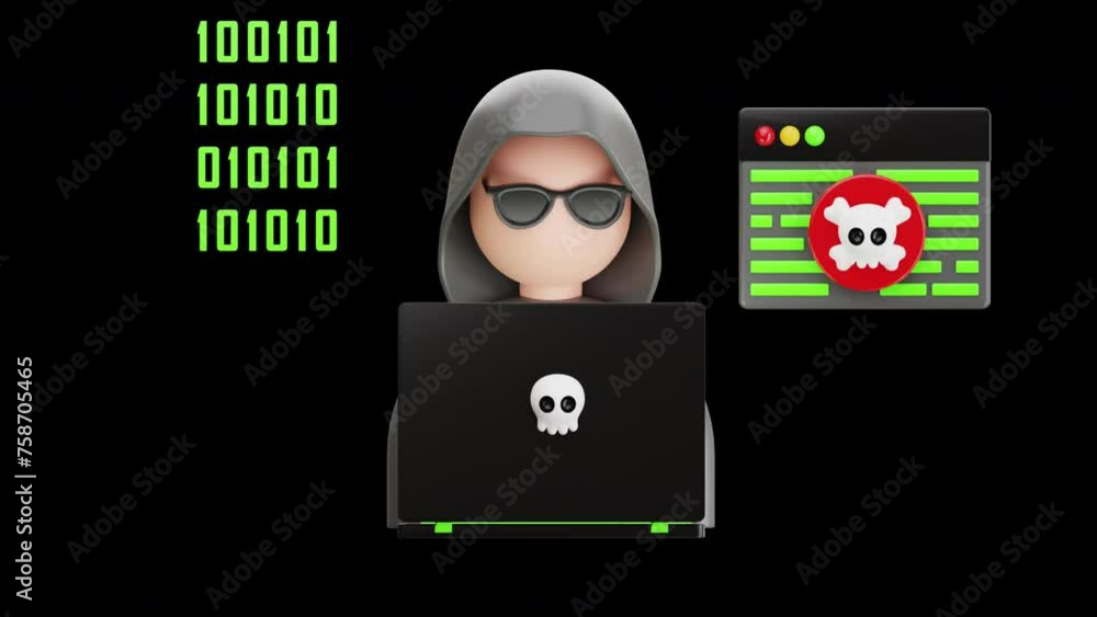 Poster 3d animation of hacker in cybercrime action | alpha channel