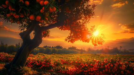 orange tree at sunset in the forest