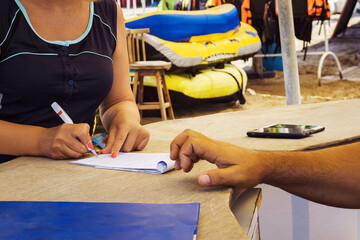 Paperwork, travel and insurance, and sign contract with pen, Insurance Services Concept,  travel...