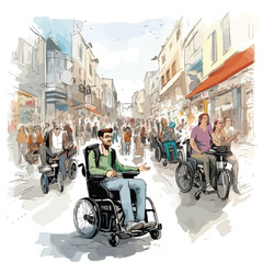 Motorized wheelchair user navigating through a crowde