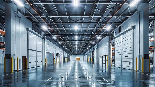 Industrial Elegance: The Spacious Interior of a Modern Warehouse, Showcasing the Architectural Beauty and Functional Design of Commercial Spaces