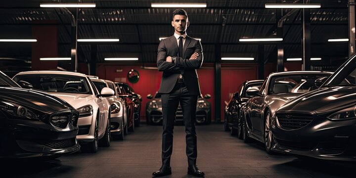 With a decisive demeanor, a young businessman seals the deal on his coveted sports car or supercar purchase amidst the elegance of the showroom.