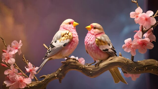 Couple of finch birds in romance on a branch.