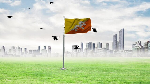 The flag of Bhutan is flying and the birds are flying with it