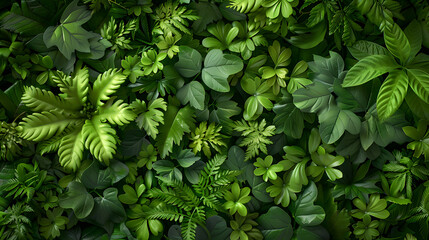 Top view of lots of leaves and ferns. Cinematic, natural color, wallpaper style
