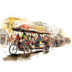 Rickshaw transporting passengers through crowded stre