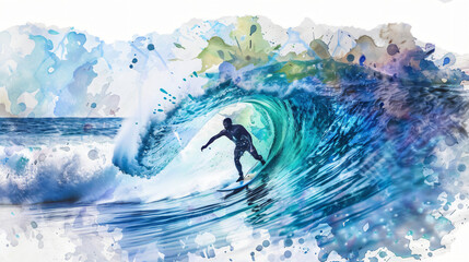 watercolor illustration a man surfing in the ocean under beautiful big waves. summer sport and vacation concept.