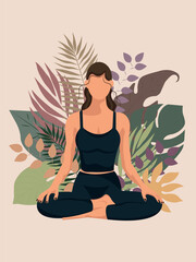 Vector illustration woman in lotus pose face less on batanical background Poster, flat yoga illustration, illustration eps 10