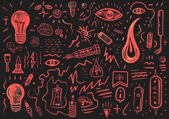 Abstract doodle art with eyes and objects. A monochromatic doodle art style image, featuring eyes, light bulbs, syringes, and various abstract shapes