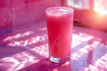 Glass of Dragon fruit juice on table in cafe, closeup.
