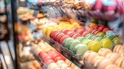 A vibrant close-up photo of a sumptuous array of colorful macarons neatly arranged in a bakery display case