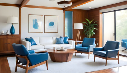 Mid-century-style-home-interior-design-of-modern-living-room--White-sofa-and-blue-leather-chairs-near-wooden-coffee-table