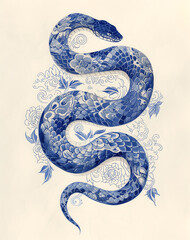 Minimalist delicate snake and flowers illustration. Blue and white porcelain style oriental tattoo sketch. Chinese New Year 2025 Zodiac Snake.