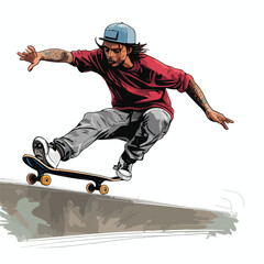 Skateboarder riding down a railing at a skatepark. Cl
