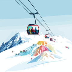 Ski lift carrying skiers up a snowy mountain slope. C