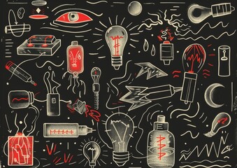 Abstract doodle art with eyes and objects. A monochromatic doodle art style image, featuring eyes, light bulbs, syringes, and various abstract shapes