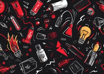 Abstract doodle art with eyes and objects. A monochromatic doodle art style image, featuring eyes, light bulbs, syringes, and various abstract shapes