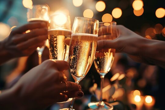 Hand holding glass of champagne, people cheering, cheers, spending a moment together with friends, party, happy moment, nightclub, restaurant, cheering, family, sparkling wine, Generative AI 