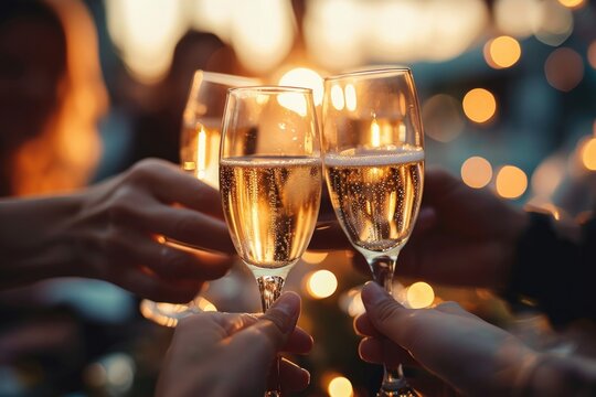Hand holding glass of champagne, people cheering, cheers, spending a moment together with friends, party, happy moment, nightclub, restaurant, cheering, family, sparkling wine, Generative AI 