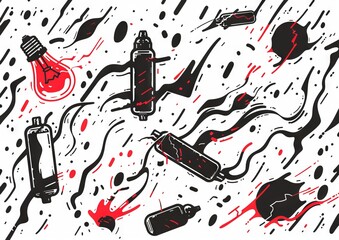 Abstract doodle art with eyes and objects. A monochromatic doodle art style image, featuring eyes, light bulbs, syringes, and various abstract shapes
