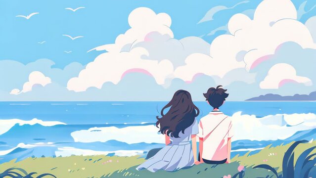 Cute couple illustration on vacation at beach.