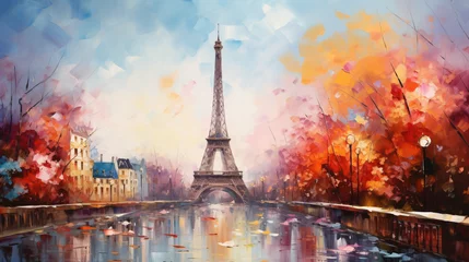 Fotobehang Oil painting  Eiffel Tower with abstract background © Natia
