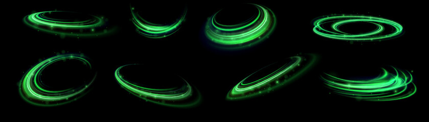 Green shiny sparks of spiral wave. Curved bright speed line swirls. Shiny wavy path. Rotating dynamic neon circle. Magic golden swirl with highlights. Glowing swirl bokeh effect. vector png