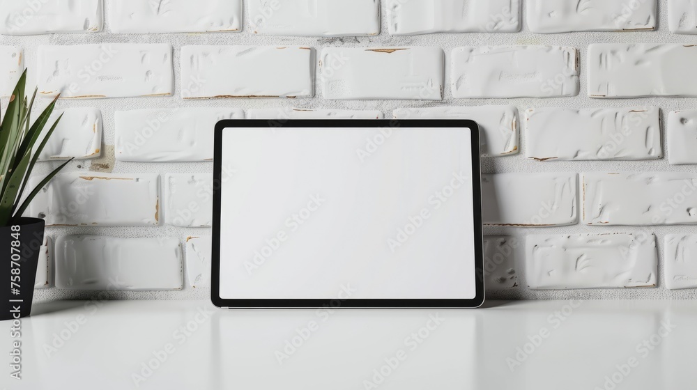 Aufkleber tablet on stand holder. mockup of white screen tablet with blank display on racked holder stand on w