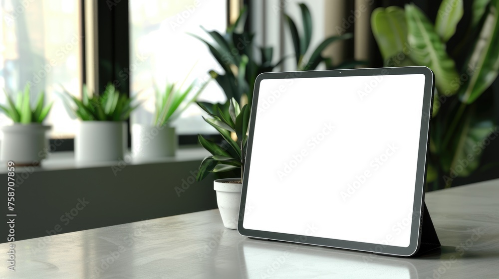 Aufkleber tablet on stand mockup with white screen on racked holder. technology display on white table with co