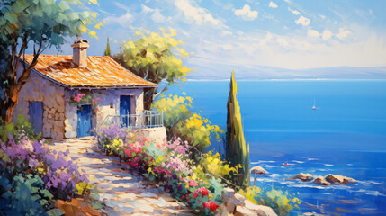 Oil painting  house near the sea colorful flowers and