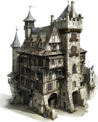 Three-Dimensional Fantasy Building in Large City - Mediaeval Style Historic House Illustration
