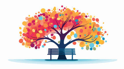 Abstract colorful tree with bench flat vector 
