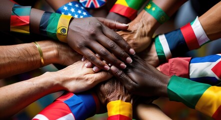 Tolerance and Diversity: Hands of Different Races Together. Celebrating Global Integration and Cooperation in a Multicultural Society. - obrazy, fototapety, plakaty