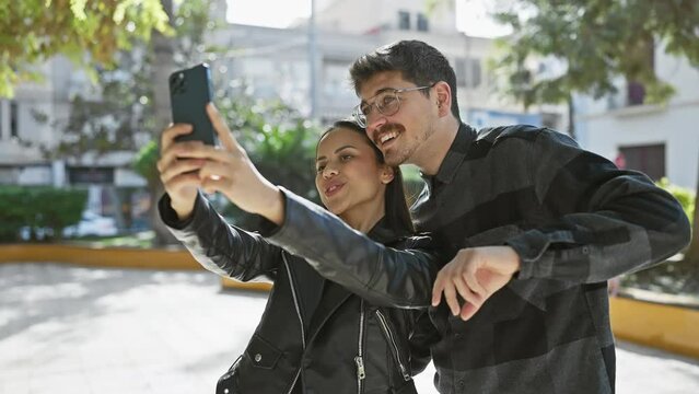 A joyful couple takes a selfie on a sunny city street, showcasing love and connection in an urban outdoor setting.