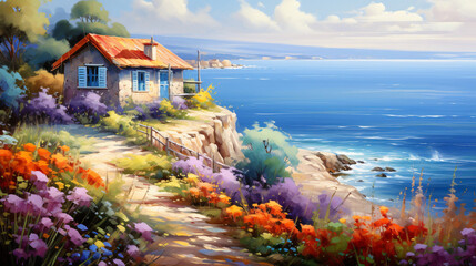 Oil painting  house near the sea colorful flowers sum