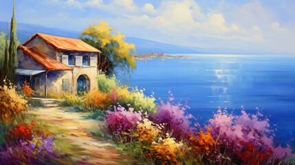 Oil painting  house near the sea colorful flowers sum - obrazy, fototapety, plakaty