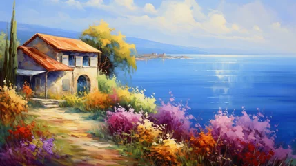 Zelfklevend Fotobehang Oil painting  house near the sea colorful flowers sum © Natia