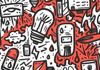 Abstract doodle art with eyes and objects. A monochromatic doodle art style image, featuring eyes, light bulbs, syringes, and various abstract shapes