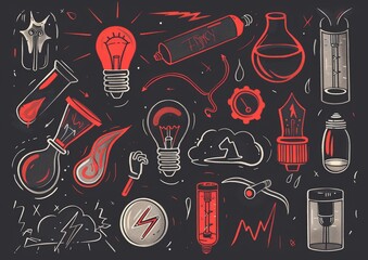 Abstract doodle art with eyes and objects. A monochromatic doodle art style image, featuring eyes, light bulbs, syringes, and various abstract shapes