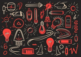 Abstract doodle art with eyes and objects. A monochromatic doodle art style image, featuring eyes, light bulbs, syringes, and various abstract shapes