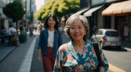 Fototapeta premium A smiling senior Japanese woman in her 60s walks down the street. Generated AI